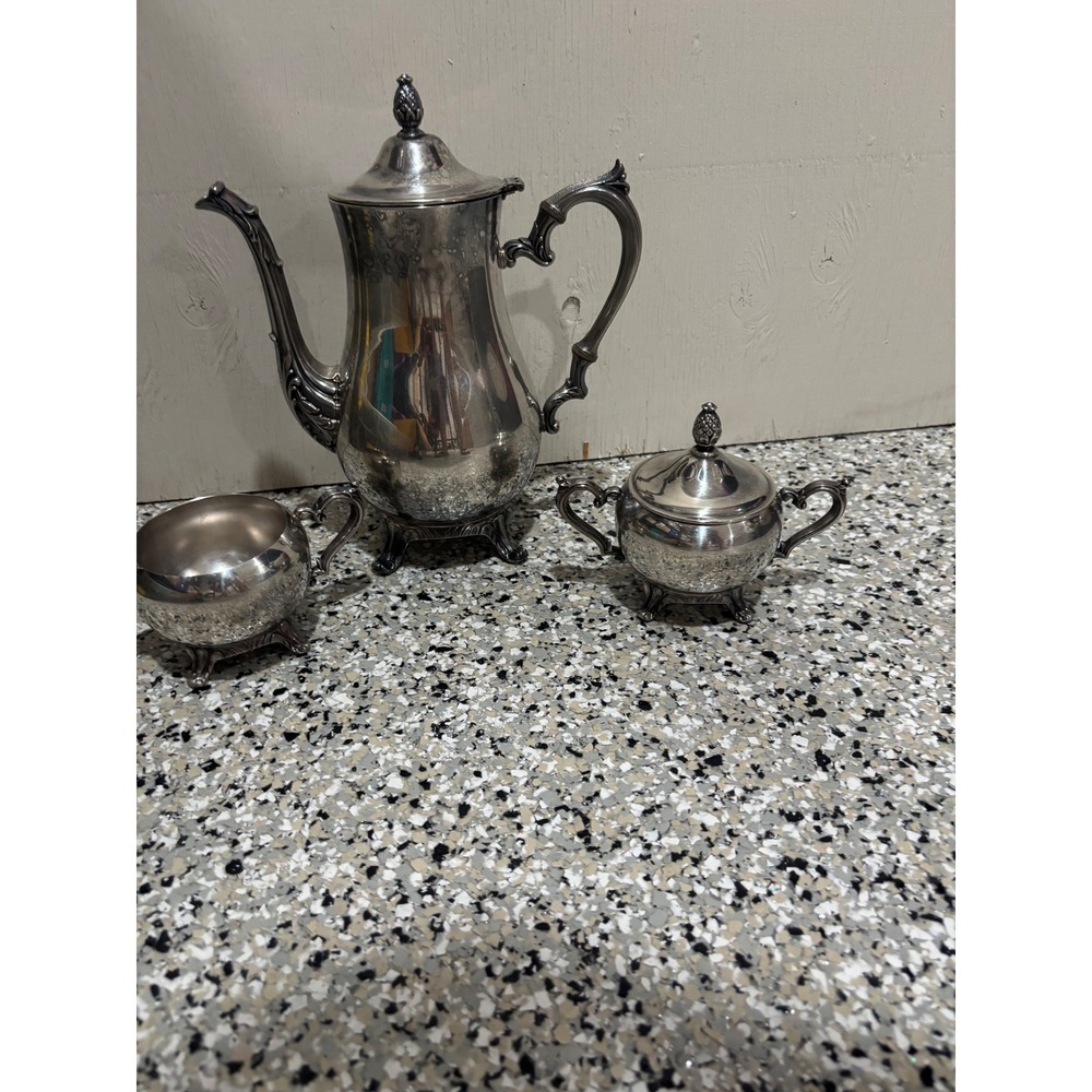 Vintage Silver Plated 3 Piece Tea Set Pineapple Finial Etched Teapot Creamer Sug